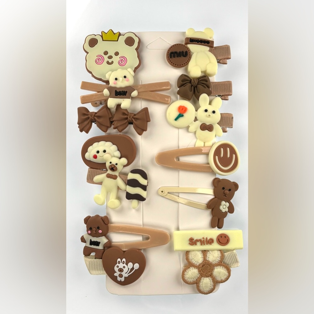 Cute Brown and Cream Kids Hair Clips Set 12 Animal. Smiles. Bows. Teddy Bear